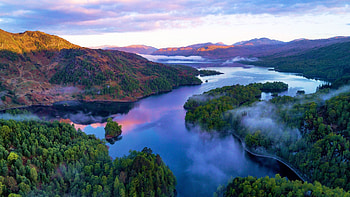 The Grampian mountains, Loch Katrine, Scotland, water, reflections, hills, clouds, landscape, trees, sky HD wallpaper