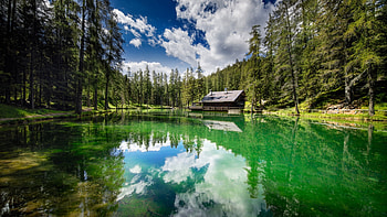 Ghedina Lake, Cortina d'Ampezzo, Italy, Alps, dolomites, clouds, sky, mountains, water, cabin, reflections HD wallpaper
