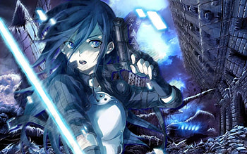 Kirito, sword, anime, game, online, girl, gun, long hair HD wallpaper