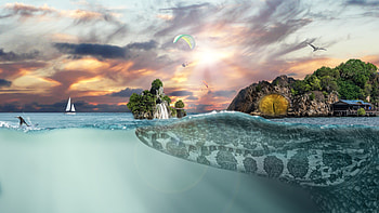Sea Island Fantasy, crocodile, sea, island, fantasy HD wallpaper
