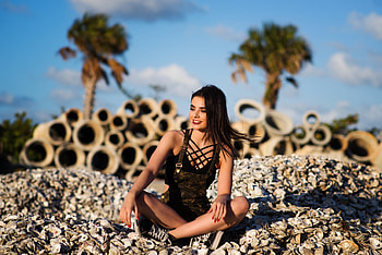 Outdoor, girl model, dark hair, sit HD wallpaper