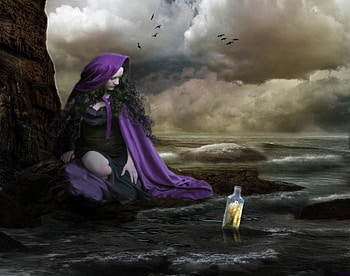 A Letter in a Bottle, artwork, sea, clouds, woman HD wallpaper
