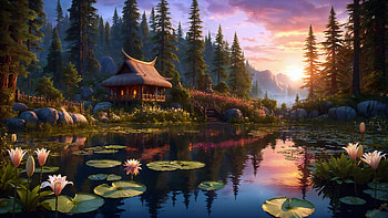 Enchanted Forest Cottage by the Water Lily Lake | Fantasy, water lily, fantasy, lake, cottage, forest HD wallpaper