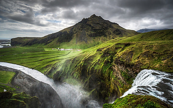 Waterfalls in Iceland, river, iceland, clouds, waterfall, waterfalls, sky, mountains, water HD wallpaper