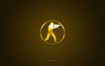 Counter-Strike logo, yellow shiny logo, Counter-Strike metal emblem, yellow carbon fiber texture, Counter-Strike, brands, creative art, Counter-Strike emblem HD wallpaper