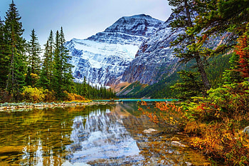 Cavell Lake, Canada, crystal clear water, snowy peaks, reflection, autumn, beautiful, mountains, forest, lake HD wallpaper