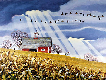 Southward Bound, barn, birds, painting, sunrays, field, autumn, clouds, sky HD wallpaper