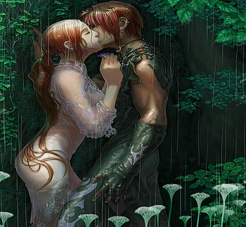 Kiss, rain, , girl, fantasy, boy, abstract, cg, love, forest HD wallpaper