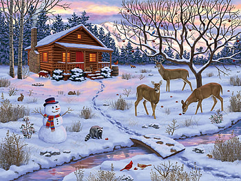 Winter Sanctuary, cabin, deer, snow, snowman, painting, trees HD wallpaper
