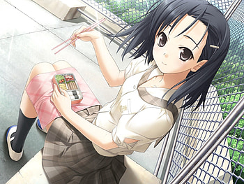 Anime, Food, Fence, Girl, Brunette HD wallpaper