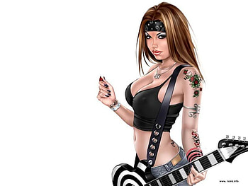 Playing Her Guitar, guitar, girl, tattoos, brunette HD wallpaper