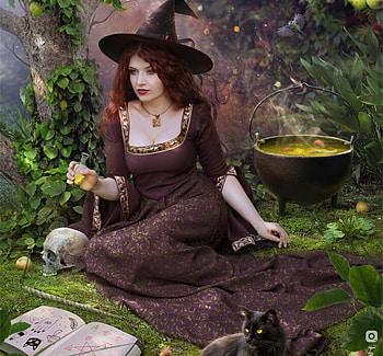 Witch, l saveljeva, halloween, fantasy, cat, girl, hat HD wallpaper