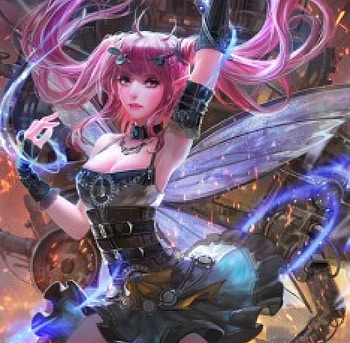Black Fairy, black, glow, necklace, long hair, dress, abstract, fantasy woman, wings, sweet, art, gloves, beautiful, pink hair, purple, fairy, pink, fantasy, pretty, fairy wings, lovely HD wallpaper