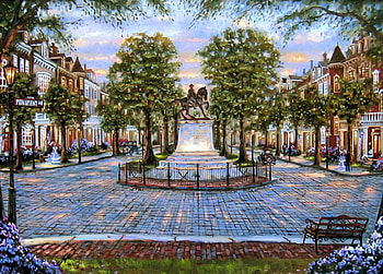 Sunset on the Avenue, bench, cars, grass, people, shops, statue, painting, fence, clouds, trees, sky, sunset HD wallpaper