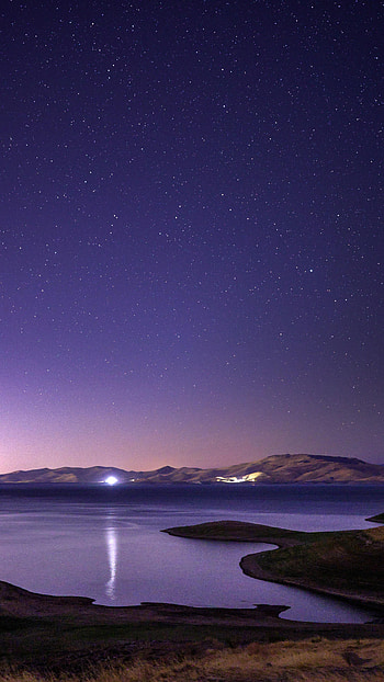 Nature, Stars, Night, Rocks, Lake, Starry Sky HD phone wallpaper