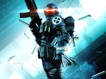 Shooter, blue, videogame, bullets, fast, game, , gun, stunning, lazer, soldier, coded arms, entertainment, adventure, action, weapon, eye, playstation HD wallpaper