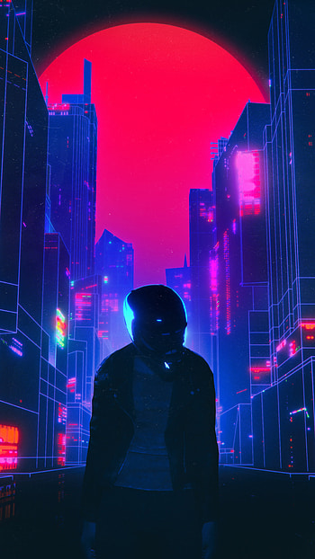 Biker, retrowave, cityscape, artwork HD phone wallpaper