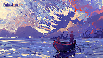 Art, Sea, Clouds, Silhouettes, Boat HD wallpaper