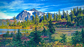 Mount Shuksan in autumn, Washington, fall, clouds, landscape, trees, sky, rocks, usa HD wallpaper