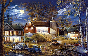 By Ray Mertes. Dance in the barn, night, dance, painting, moon, art, ray mertes HD wallpaper