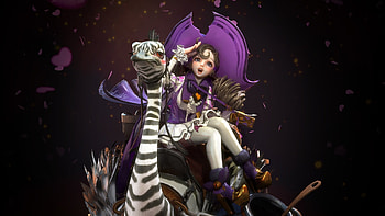 Little witch, bird, cute, girl, witch, purple, stripes, fantasy, ostrich, jun geun choi, luminos, hat HD wallpaper