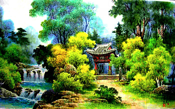 JAPANESE PARK, structure, painting, trees, waterfalls, park HD wallpaper