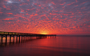 Ocean Sunrise, America, red, clouds, pier, sunrise, ocean HD wallpaper