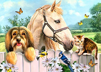 Hy Howard Robinson, dog, kitten, animal, horse, art, howard robinson, cat, puppy, painting, butterfly, flower, fence HD wallpaper