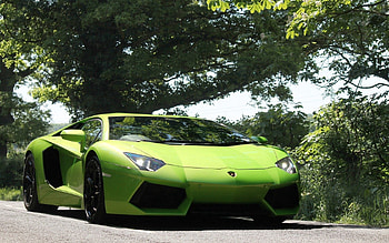 Trees, Sky, Lamborghini, Cars, Front View, Headlights, Aventador HD wallpaper