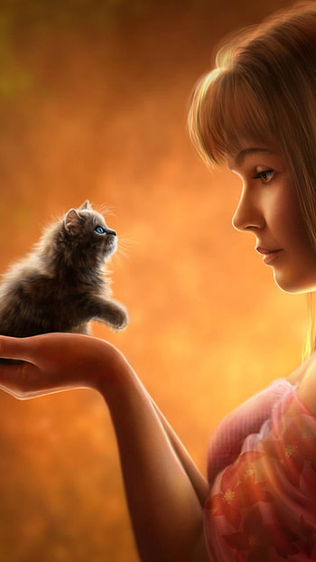 Girl and Tiny Kitten, cute, kitten, artistic, fantasy HD phone wallpaper