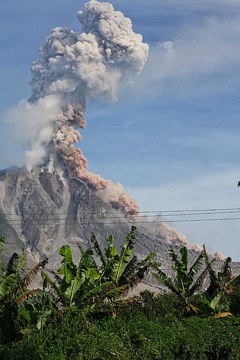 Volcanic eruption with smoke billowing, lush green foliage in the foreground provides contrast. HD phone wallpaper