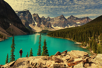Moraine Lake, Moraine, Canada, landscape, Banff National park, lake, clouds, trees, nature, sky, splendor HD wallpaper