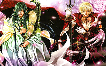 The King of Warriors, sword, king, cherry blossom, half prince, two male, elf, dark, warriors HD wallpaper