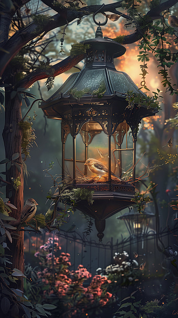 Enchanted Bird Oasis - This !, bird, bird feeder, garden, lantern HD phone wallpaper