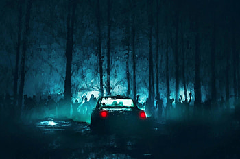 Zombies, car, night, dark, art HD wallpaper