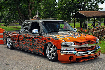 Flamed Painted Truck, Chevy, Lowered, Bowtie, Ext Cab HD wallpaper