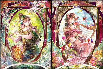 Musical Muse, flute, floral, long hair, dress, beauty, nice, lady, music, instrument, abstract, flower, maiden, female, blossom, sweet, bird, girl, beautiful, harp, pretty, collages, gown, lovely HD wallpaper