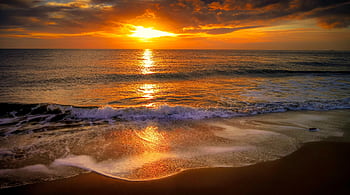 Capture the beauty of a vibrant beach sunset with gentle waves and a golden sky. HD wallpaper