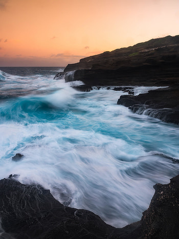 Sea waves, coast, sunset, nature HD phone wallpaper