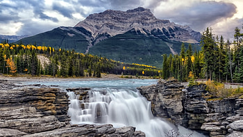 Athabasca River and Athabasca Falls, Alberta, clouds, landscape, trees, waterfall, sky, canada, mountain HD wallpaper