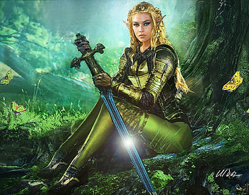 Elf girl, mariano a diaz, byte, fantasy, blonde, green, girl, elf, swird HD wallpaper