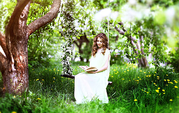 Princess, girl, grass, spring, tree, spring time, green, nature, flowers, splendor HD wallpaper