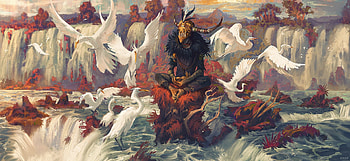 Shiva Mudra, river, white, bird, art, pasare, crane, orange, fantasy, joao paulo bragato, luminos, water HD wallpaper