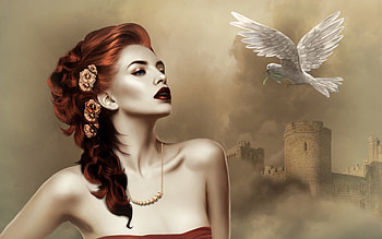 Beautiful Redhead, softness, dove, woman, lady, digital, Beautiful, fantasy, redhead, dreamy, female HD wallpaper