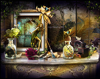 ~Still Life of Ancient~, plants, , pattern murals, digital art, wonderful, ancient, butterflies, vases, magical, animals, table, gate, beautiful, secret, still life, leaves, old, fantasy, manipulation, antique, flowers, fairies HD wallpaper