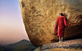praying monk, monk, praying, rock, mountain HD wallpaper