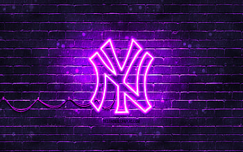 New York Yankees violet logo, , violet brickwall, New York Yankees logo, american baseball team, New York Yankees neon logo, NY Yankees, New York Yankees HD wallpaper