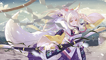 Onmyoji, Anime, Animal Ears, Bow, Japanese Clothes, Long Hair, Ponytail, Tail, Weapon, White Hair, Yellow Eyes HD wallpaper