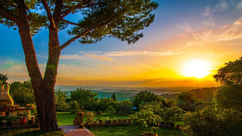 Tuscany Sunset, sky, italy, colors, landscape, trees, sun HD wallpaper