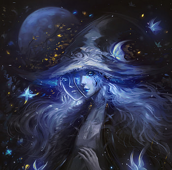 See you on a dark night, ranni, indi creates, blue, fantasy, girl, hat, witch HD wallpaper